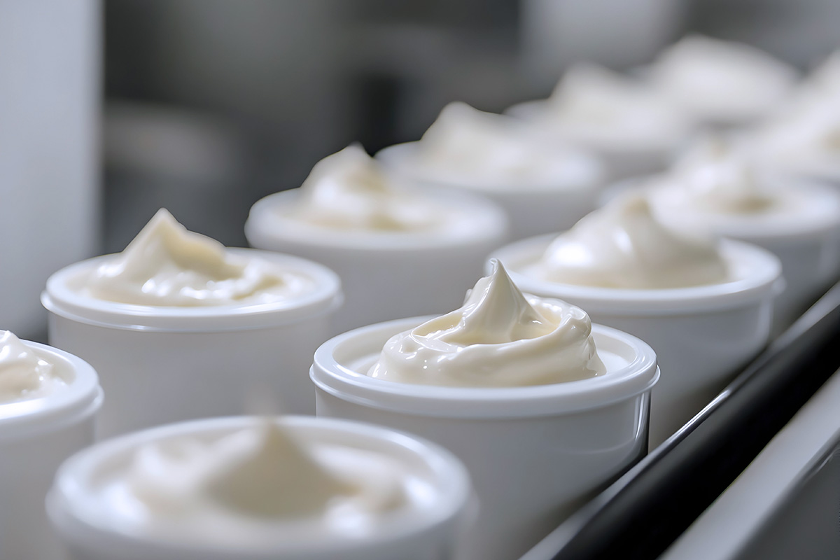 cosmetic cream in jars on filling line