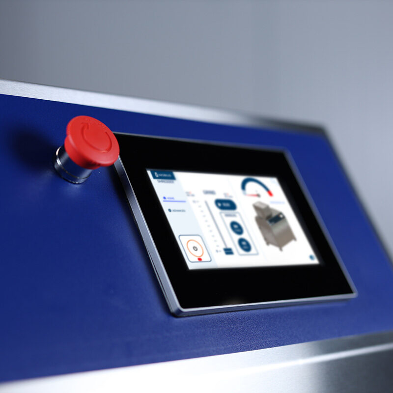 close up of shredder HMI control and e-stop button