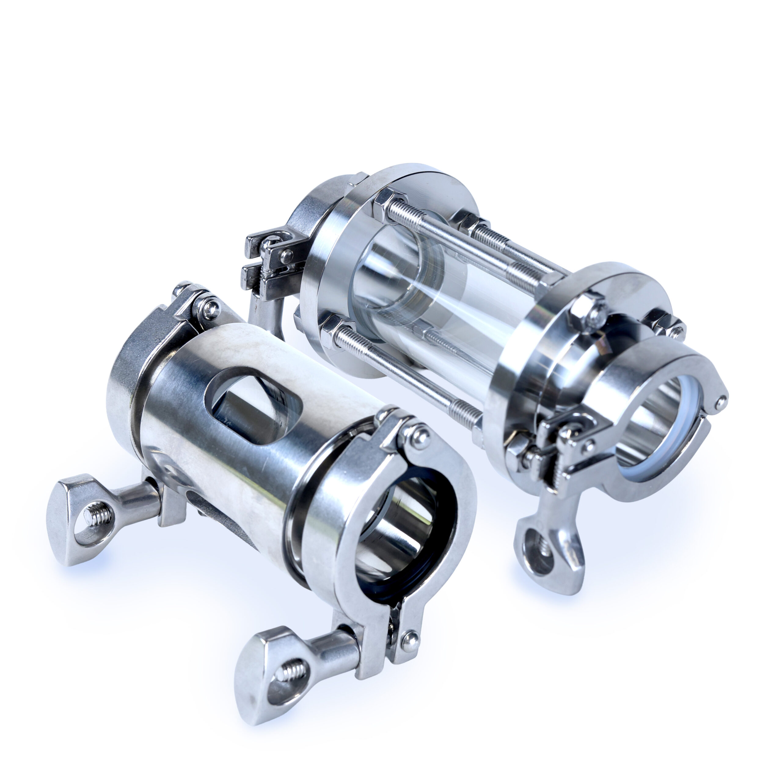 Tubular and bolted sight glasses sitting side-by-side